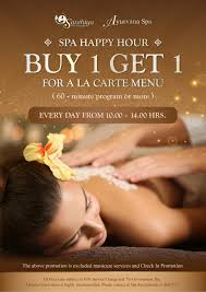 The buy 1 get 1 free promotion refers to the first passenger paying brochure rates and the second passenger cruises for free as advertised above, with both passengers paying the mandatory. Happy Hour Buy 1 Get 1 Free Santhiya Resorts Spas