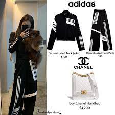 On Instagram Jennierubyjane S Ig Story Update With Kuma Wea Adidas Track Pants Outfit Blackpink Fashion Adidas Outfit