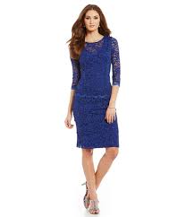 Alex Evenings Petite 3 4 Sleeve Scalloped Lace Tiered Sheath Dress Dillards Dresses Metallic Cocktail Dresses Gowns Of Elegance