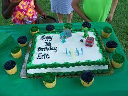 Minecraft Birthday Cake 1 2 Sheet Cake And Cup Cakes From Kroger Decorations Are Minecra Minecraft Birthday Cake Frozen Birthday Cake Birthday Cake Pictures