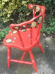 Red Wooden Chair With Hand Painted Roses And Butterflies Etsy Hand Painted Roses Wooden Chair Hand Painted