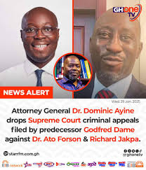 Hahaha, the devil has been put to shame. Attorney General Dr. Dominic Ayine  drops Supreme Court criminal appeals filed by Godfred Dame against Ato  Forson and Richard Jakpa... #GHOneNews #EIBNetwork #GHOneTV #NewsAlert |