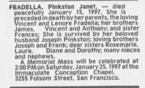 Janet Fradella Obit Jan 1997, San Francisco