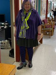 Wearing my Fluenicorns today. It was difficult to get a good photo today.  The tights are purple/black stripes from SNAG. Thanks to Janice Mapes  Stafford for her fashion photography skills