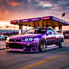Фиолетовый Nissan Skyline GT-R R34 на закате около заправки» — картинка  создана в Шедевруме