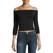 Helmut Lang Off The Shoulder Fitted Top 160 Liked On Polyvore Featuring Tops Black Off Shoulder Tops 3 4 Sleeve Tops Outfit Sets Tops Form Fitting Tops
