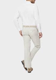 Pantalon droit en toile de lin et de coton beige. Pantalon Coordonnable Slim En Lin Beige Prince De Galles Father And Sons