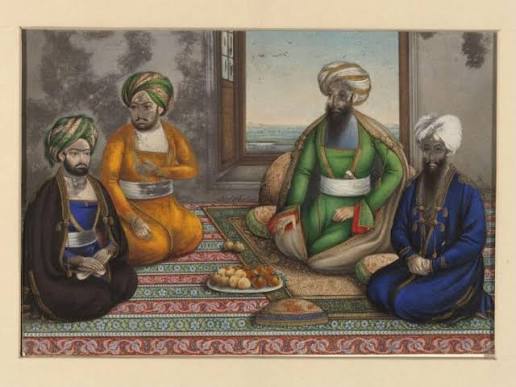 Dost Muhammad (d.1863), Amir of Afghanistan, with his three sons, Muhammad Akram Khan, Haidar Khan and Abdul Ghani Khan, seated on a carpet | Unknown | V&A Explore The Collections