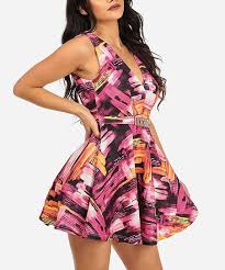 Moda Xpress Pink Abstract V Neck Belted Fit Flare Dress
