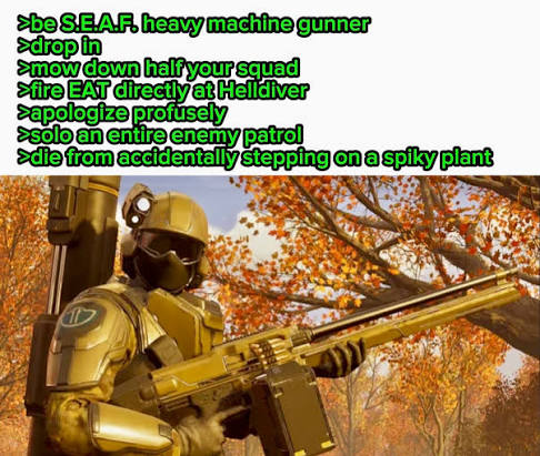 Hell Hub | Average S.E.A.F. Heavy Machine Gunner experience. S.E.A.F. Heavy  Machine Gunner's carry MG-43 machine guns to lay suppressive fire... |  Instagram