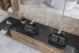 wooden walls, black double sink