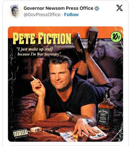 Newsom's response to Hegseth quoting Pulp Fiction as scripture⁉️ If the  “War Secretary” wants to be in the movie THAT bad… 😝