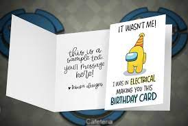 Left blank inside for your own personal message. Among Us It Wasn T Me Birthday Card In 2021 Birthday Cards For Friends Birthday Cards Creative Birthday Cards