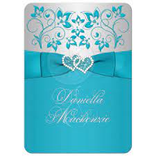 Wedding Invitation Turquoise Silver Floral Printed Ribbon Joined Jeweled Hearts Christian Wedding Invitations Wedding Invitation Card Template Silver Wedding Invitations
