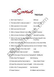 Questions and answers about folic acid, neural tube defects, folate, food fortification, and blood folate concentration. Simpsons Trivia Quiz Esl Worksheet By Scheherezade