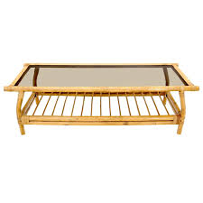 Oak brook rattan coffee table. Bamboo Rattan Rectangular Smoked Glass Top Coffee Table With Dowel Bottom Shelf For Sale At 1stdibs