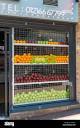 Juice bar with shelves of fresh fruit ready for juicing in the ...
