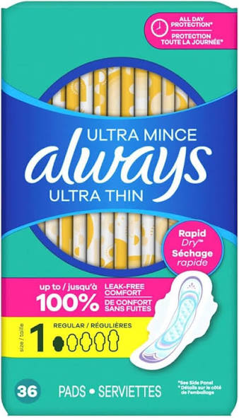 Amazon.com: Always Pads Ultra Thin Size 1-36 Count Regular (6 Pack) :  Health & Household