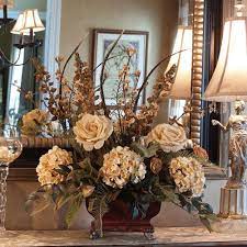 Silk artificial bouquet with vase flower arrangement dining table decor. Roses Hydrangeas And Feather Silk Floral Centerpiece Table Flower Arrangements Silk Floral Centerpiece Artificial Floral Arrangements