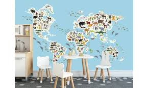 Papier peint mer toile noir et blanc, tailored de york (initiales), 77€ le rouleau de format classique 52× pour les enfants petits et grands. Papier Peint Carte Du Monde Des Animaux Pour Chambre D Enfant