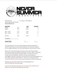 Never Summer Custom Snowboard Order Information Letters
