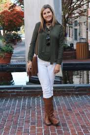 College Fashion Trends Olive Green Top Lace Up Top Outfit White Jeans Outfit Brown Leath Autumn Fashion Women Fall Outfits Fall Fashion Outfits Fashion