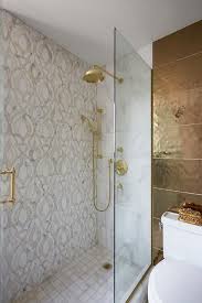 Mixed Shower Wall Tiles Feature Gold And Gray Mosaic Tiles Displaying A Stunning Design Gold Tiles Bathroom Bathroom Design Luxury Bathroom Design