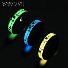 Green Blue Yellow Glow In The Dark Heart Rate Electrocardiogram Men S Rings Stainless Steel Wave Mens Stainless Steel Rings Black Diamond Engagement Ring Set Dark Rings