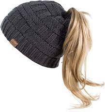 Alepo Womens High Messy Bun Beanie Hat With Ponytail Hole Winter Warm Trendy Knit Ski Skull Cap Dark Gray At Amazon Messy Bun Beanie Bun Beanie Beanie Hats
