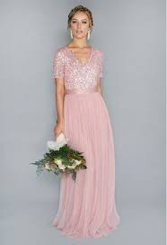 Maya Dusky Pink V Neck Sequin And Tulle Dress With Tie Waist Pamela Scott In 2020 Bridesmaid Skirt And Top Tulle Dress Dusky Pink Bridesmaid Dresses