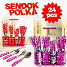 Pink / orange / yellow / green / blue ( tidak pilih warna, akan dikirimkan sesuai stok yang ada, no complain ) stainless Sendok Set Polkadot Stainless Steel Isi 24 Pcs Grosir Cirebon