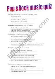 Coming up are 50 music trivia questions, including a really fun printable . Pop Rock Music Quiz Esl Worksheet By Nat71