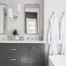 Grey kitchen cabinets with glass doors. Dark Gray Master Bath Vanity Cabinets With Shiplap Walls Cottage Bathroom