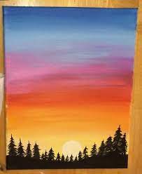 Learn how to paint a sunset with hot air balloon silhouettes afloat in the sky over a tree line. Sunset Painting Learn To Paint An Easy Sunset With Acrylics Sky Art Painting Sunset Canvas Painting Sunset Painting