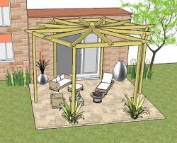 White pergola attached to a house designed with a white brick fireplace, teak outdoor seating, and a set of woven nesting tables. Attached Lean To Pergola