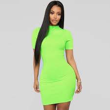 Women S Spring Summer Stretchy Short Sleeved High Neck Dress In Neon Color Zorket Elegant Casual Dress Ribbed Midi Dress Midi Short Sleeve Dress