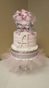 Tiny Dancer Pink And Gray Baby Girl Diaper Cake With Ballerina Slippers Check Out My Facebook Pa Baby Girl Diaper Cake Diaper Cakes Girl Baby Diaper Cake