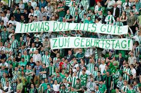 Budapest's ferencváros stadium will host the #uwclfinal in 2019. Budapest Hungary April 12 2015 The Fans Of Ferencvaros Wish Happy Birthday To The Head Coach Thomas Doll During Ferencvaros Vs Ujpest Otp Bank League Football Match In Groupama Arena Stock