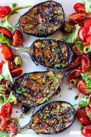Grilled Spicy Mediterranean Eggplant With Tomato Salad Veggie Recipes Healthy Eggplant Dishes Indian Food Recipes