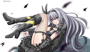 gonanjima, luminous valentine, tensei shitara slime datta ken, 1girl,  artist name, black bow, black bowtie, black footwear, blue eyes, boots,  bow, bowtie, breasts, cleavage, closed mouth, dress, fang, fishnet  thighhighs, fishnets, frills,