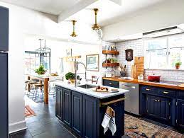 Absolutely stunning butler's pantry features navy blue cabinets adorned with brass hardware topped with thick gray and white marble countertops. 17 Blue Kitchen Ideas For A Refreshingly Colorful Cooking Space Better Homes Gardens