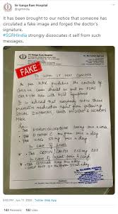 But it faced another crisis when junior doctors from six government medical colleges called a strike. Fact Check Viral Covid19 Prescription By One Of The Doctors From Sir Ganga Ram Hospital Is Fake