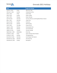 Calendar with 2021 calendar of holidays and celebrations of united states. Grenada Holidays 2021 In Pdf Word And Excel
