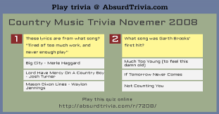 Oct 18, 2021 · proprofs, one of the popular quiz builder platforms, has more than 111 country quizzes which have already been played around 199611 times. Country Music Trivia Novemer 2008