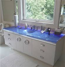 These consist of shards of recycled glass pressed together into a shape with cement or resin binding everything together. Custom Glass Vanity Top With Integrated Sink Sinksgallery Glass Countertops Glass Sink Glass Vanity