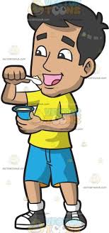 Black And White Shorts Clipart A Constipated Man Eating Yogurt Blue Denim Shorts Yellow Shirts Man