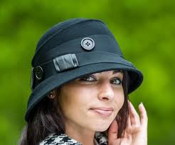 KATHY LUKER Black Felt Cloche Hat Satin Trim 23"
