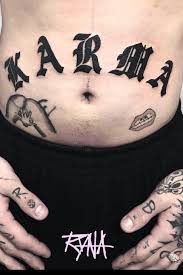 Close Up Of Th Karma Belly Tattoo Karma Bellytattoo Lettering Gothic Black Swisstattoo By R Y N A Done At In 2021 Karma Tattoo Tattoo Lettering Belly Tattoo