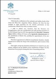 Holy See appoints Bishop of Uromi, Most Rev. Dr Donatus Ogun, O.S.A. as  Apostolic Administrator of the Archdiocese of Benin City, following the  sudden death of Archbishop Augustine Akubeze and pending the