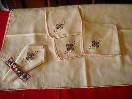 Vintage Square Embroidered Christmas Tablecloth And Napkins Etsy Christmas Table Cloth Handmade Tablecloth Embroidered Napkins